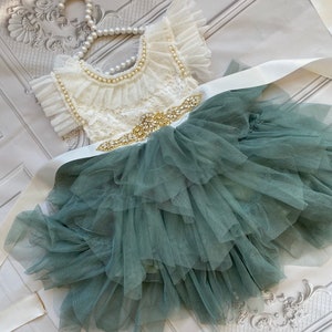 Flower Girl Dress with white lace top dress/ Baby girl toddler dress/ Sage green tulle tutu flower girl dress, 1st Birthday dress