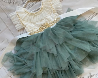 Flower Girl Dress with white lace top dress/ Baby girl toddler dress/ Sage green tulle tutu flower girl dress, 1st Birthday dress