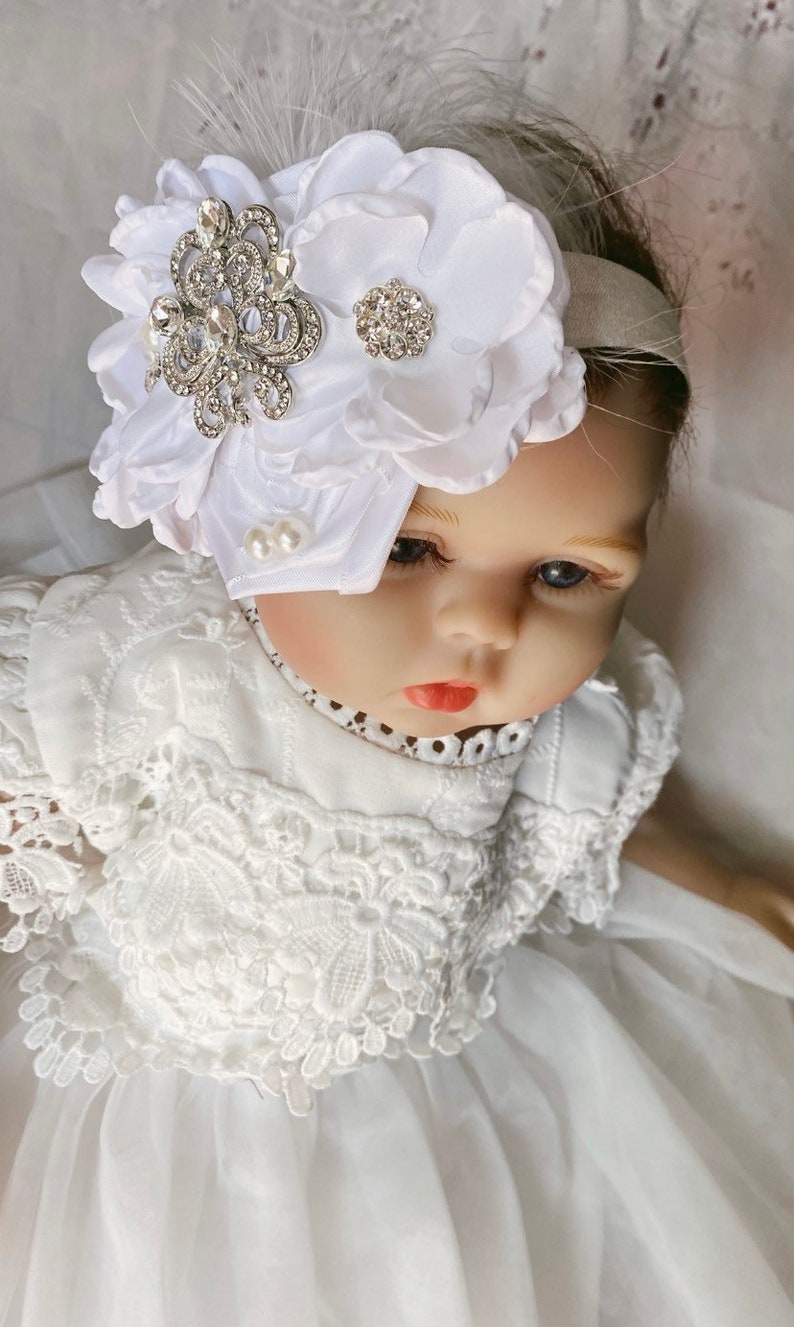 Baptism headband Baby Girl White headband , Satin Rosettes newborn infants rhinestones headbands. image 5