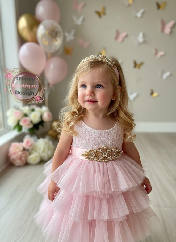 Pink Tulle Flower Girl Dress: Lace Top, Rose Gold Sash