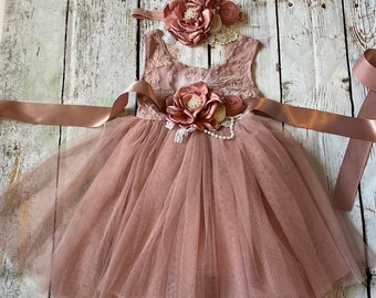 Robe de fille de fleur rose poussiéreuse, haut en dentelle, robe pour tout-petit bébé, robe de fille de fleur tutu en tulle, robe de vacances