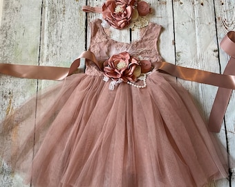 Vestido de daminha de honra rosa-claro com renda | Vestido de tule para meninas
