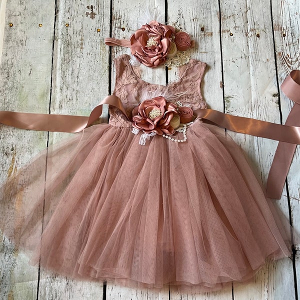 Dusty pink  flower girl dress,  Lace top,Baby  toddler dress,tulle tutu flower girl dress, holiday dress