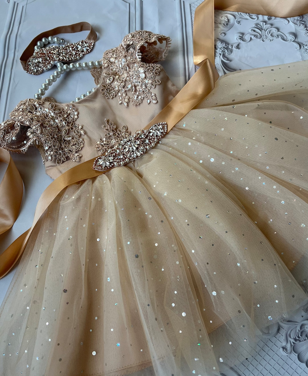 Champagne Dress , 1er Birthday Dress, Flower Girl Dress,tulle Tutu