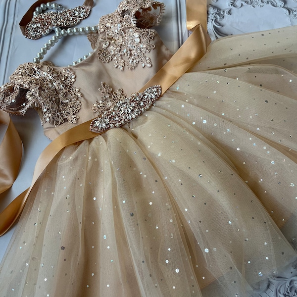 Champagne dress , 1er birthday dress,  flower girl dress,tulle tutu dress, Baby toddler dress,