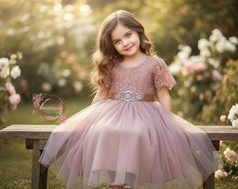 Abito da damigella d'onore in pizzo rosa antico: abito da festa in tulle e tutù