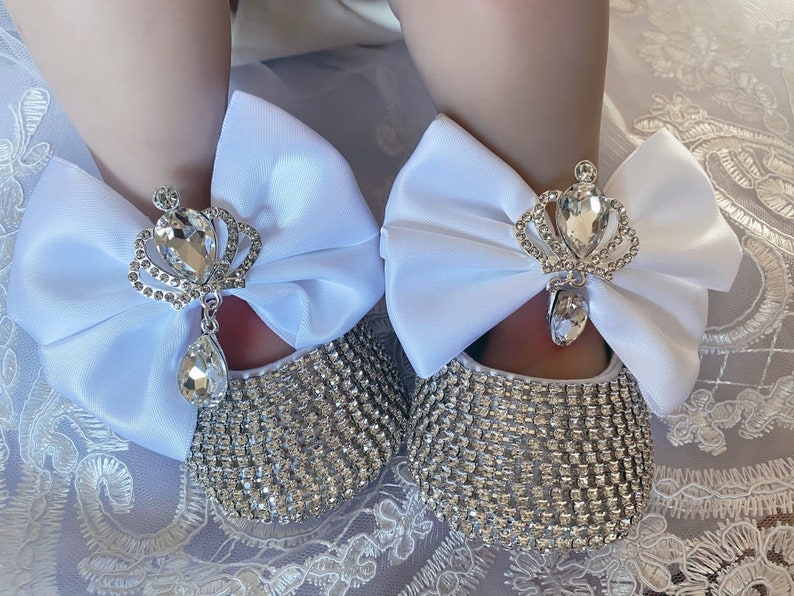 Baby girl shoes and headband set Custom rhinestones white baby shoes,Newborn Baby christenings shoes gift set afbeelding 3