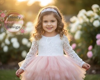 Blush Peach Flower Girl Dress, Long Sleeve Lace Top, Tulle Tutu