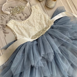 Dusty Blue Tulle Flower Girl Dress: Lace Top Holiday Party Dress