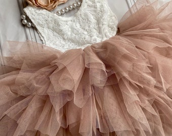 Khaki Tan Flower Girl Dress, Lace Tulle Dress , 1er Birthday