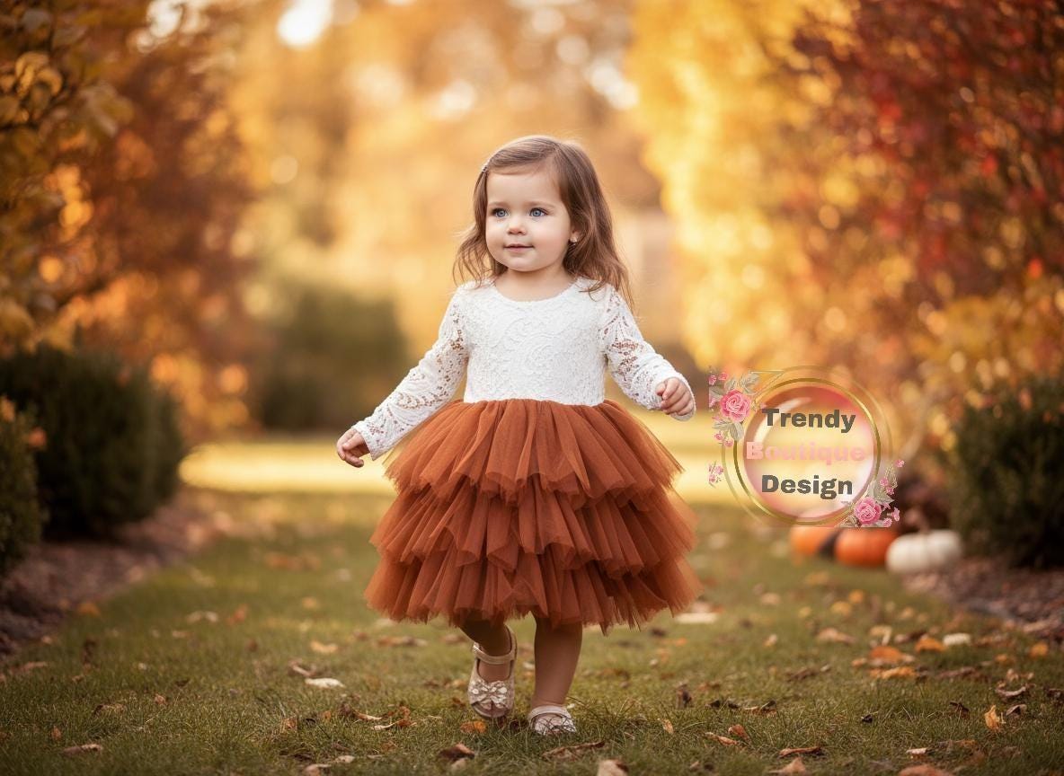 burnt orange tutu dress Burnt Orange Flower Girl Dress: Long Sleeve Lace Top, Tulle Tutu