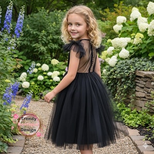 Black Tulle Flower Girl Dress: Ruffle Shoulder Party Gown