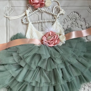 Sage Green  baby girl dress Lace & Tulle Flower Girl Dress - Toddler Birthday Party Outfit, Wedding Tutu, Photo Prop.
