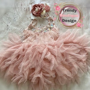 Dusty pink blush ,flower girl dress, first birthday outfit, cake smash pictures ,  toddler dress,tulle and feathers girl wedding dress