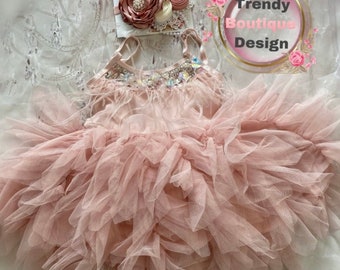 Dusty Pink Tulle Flower Girl Dress: Feather & Pearl Trim