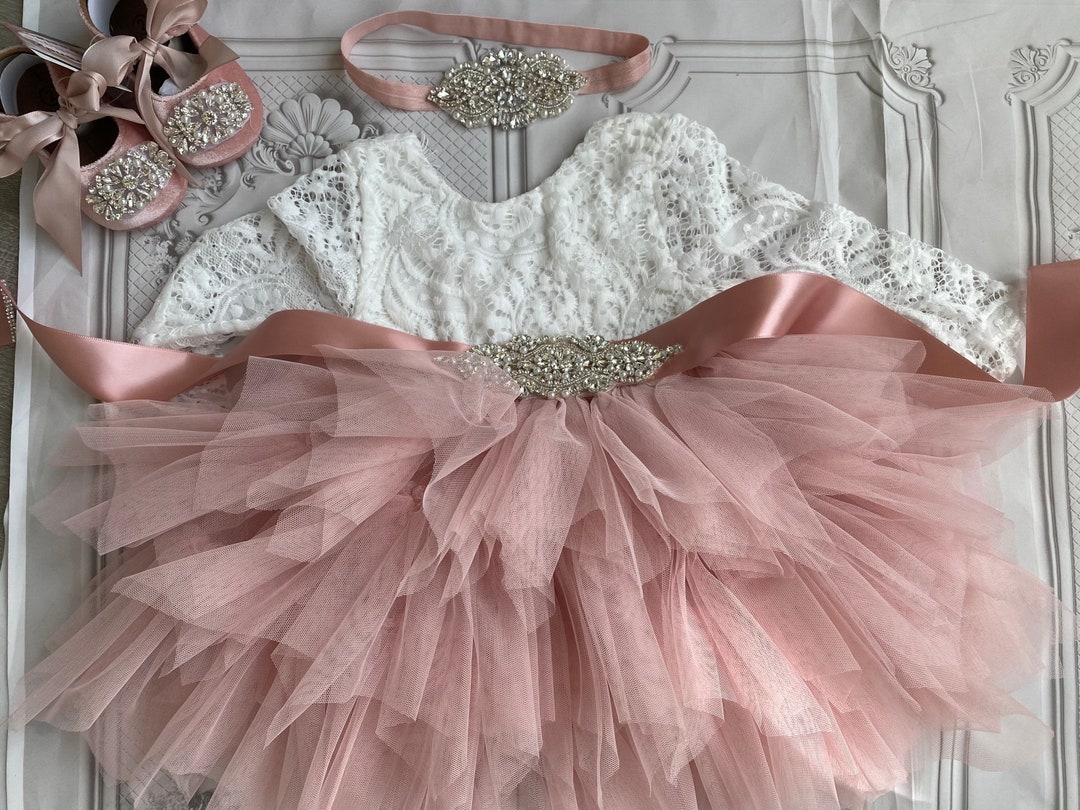 Pink Blush Flower Girl Dress, Long Sleeves Lace Top,baby Toddler Dress ...