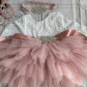 Pink  blush  Flower girl dress,  long sleeves Lace top,Baby  toddler dress,tulle tutu flower girl dress, 1ers Birthday dress
