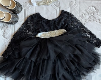 Vestido de tul con encaje negro y tutú: Vestido de niña de las flores de manga larga