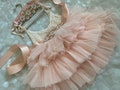 Peach Blush Pink Tulle Flower Girl Dress Lace Top Rhinestone Sash and Headband Baby Dress for birthday party , Weddings .