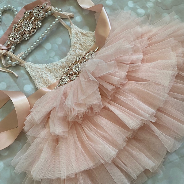 Pink/ peach blush  Flower girl dress,  Lace top,Baby  toddler dress,tulle tutu flower girl dress, holiday dress