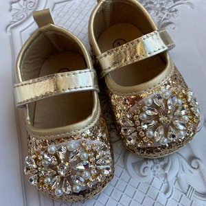Gold glitter baby girl shoes with rhinestones- Perfect crib shoes, 1st birthday party, wedding, baby girl gift.