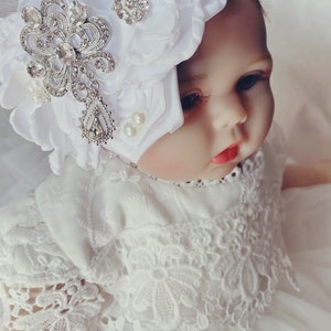 Baptism headband Baby Girl White headband , Satin Rosettes newborn infants rhinestones headbands. image 1