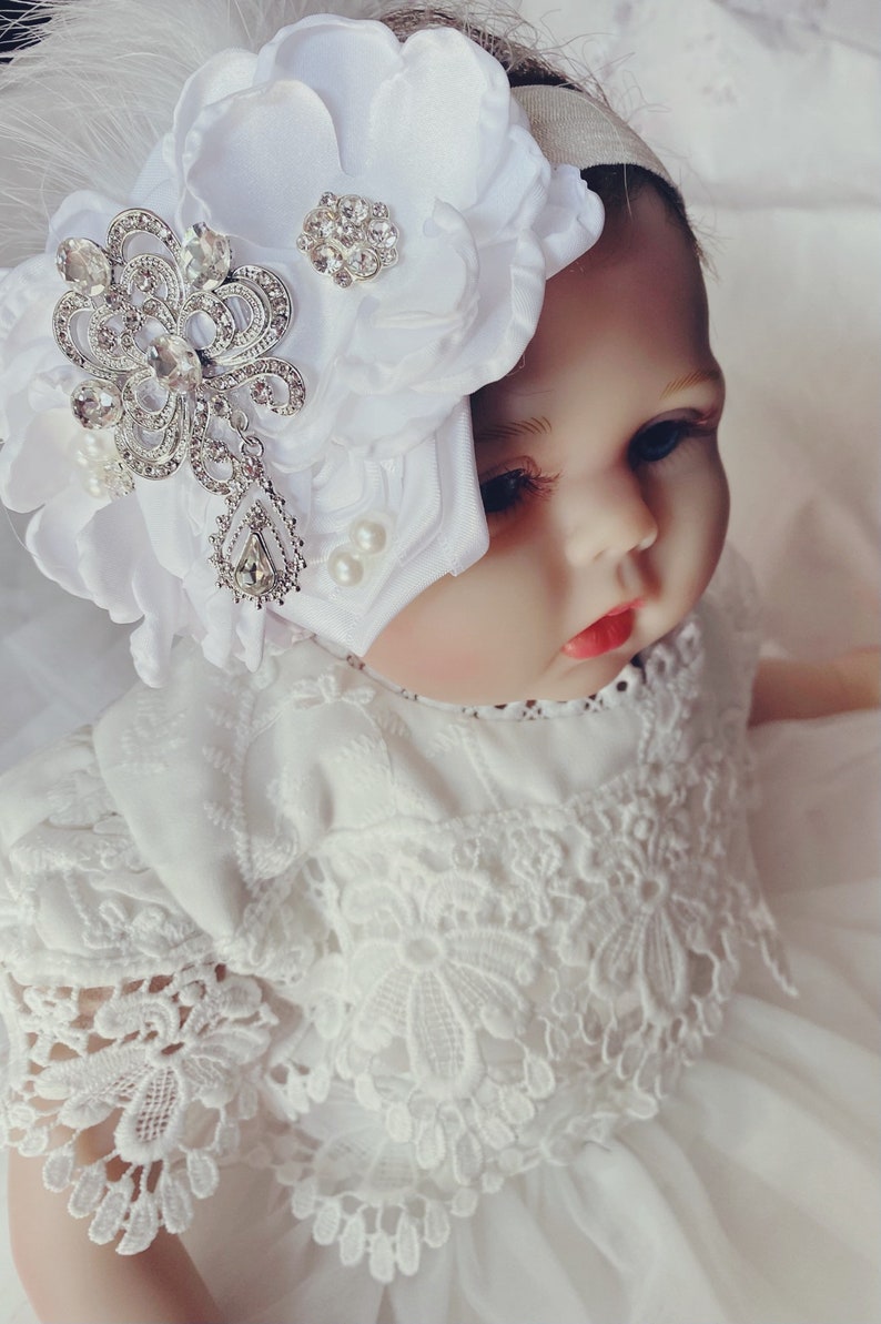 Baptism headband Baby Girl White headband , Satin Rosettes newborn infants rhinestones headbands. image 1