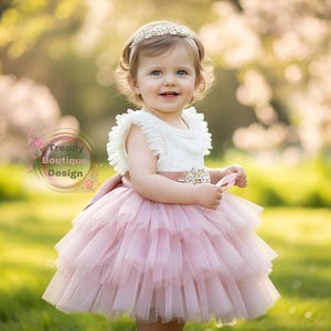 Blush Tulle Flower Girl Dress: White Lace Top, Rhinestone Sash