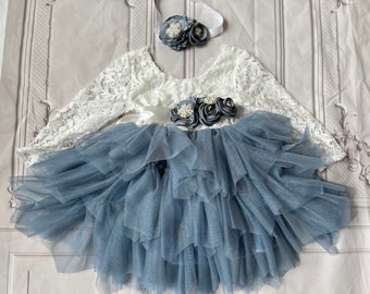 Lace Top Dusty Blue Tulle Flower Girl Dress,  first birthday party outfit
