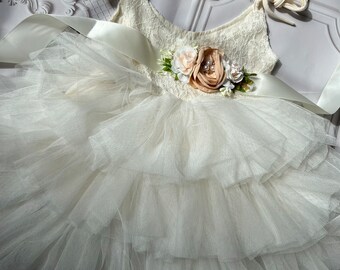 Elfenbein-Spitze Blumenmädchen Kleid: Tüll Tutu Urlaub Party outfit