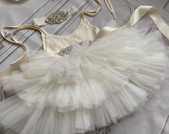 Vestido de niña de las flores con top de encaje color marfil y tul: Vestido para fiestas navideñas