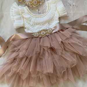 Flower girl dress,  white Lace top, tan skirt Baby  toddler dress,tulle tutu flower girl dress, holiday dress