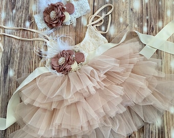 Champagne  Flower girl dress,  Lace top,Baby  toddler dress,tulle tutu flower girl dress, 1ers Birthday dress