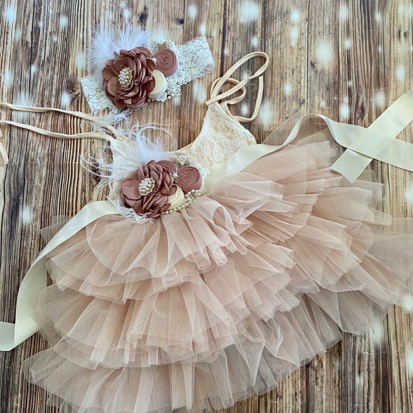 Champagne  Flower girl dress,  Lace top,Baby  toddler dress,tulle tutu flower girl dress, 1ers Birthday dress