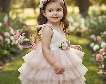 Abito da damigella d'onore in pizzo color champagne: tutù in tulle, festa di Natale