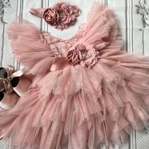 Blush Flower girl dress, birthday party dress, ,Baby toddler dress, tulle tutu flower girl dress, mauve flower sash dress
