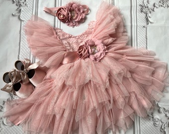 Blush Flower girl dress, birthday party dress, ,Baby toddler dress, tulle tutu flower girl dress, mauve flower sash dress