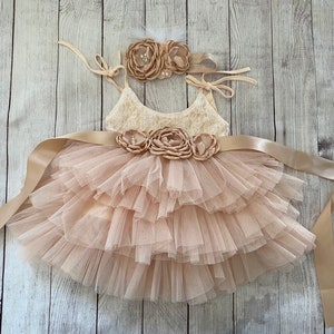 Champagne Flower girl dress, 1ers birthday dress, Lace top,Baby  toddler dress,tulle tutu flower girl dress, holiday dress