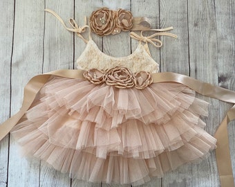 Champagne Flower girl dress, 1ers birthday dress, Lace top,Baby  toddler dress,tulle tutu flower girl dress, holiday dress