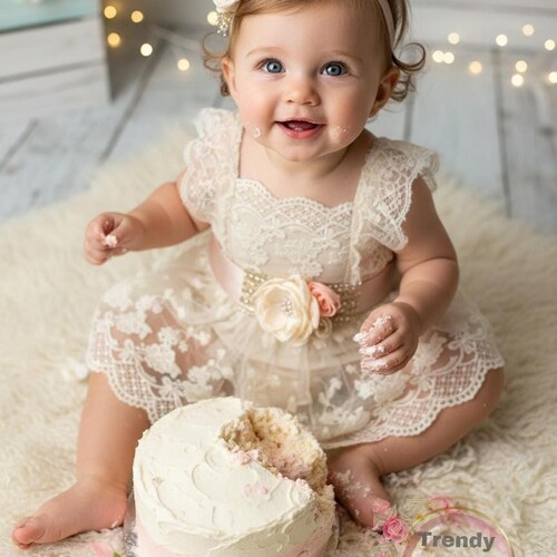 Baby Girl  Romper, Cream Cotton Lace Ruffles with Snap Closure