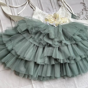 Sage green dress Flower girl dress,  Lace Baby toddler dress,tulle tutu flower girl dress, 1ers Birthday dress