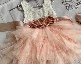 Blush peach flower girl dress,  Lace tulle dress , 1er Birthday dress,  toddler dress,tulle tutu flower girl dress,flower belt  sash