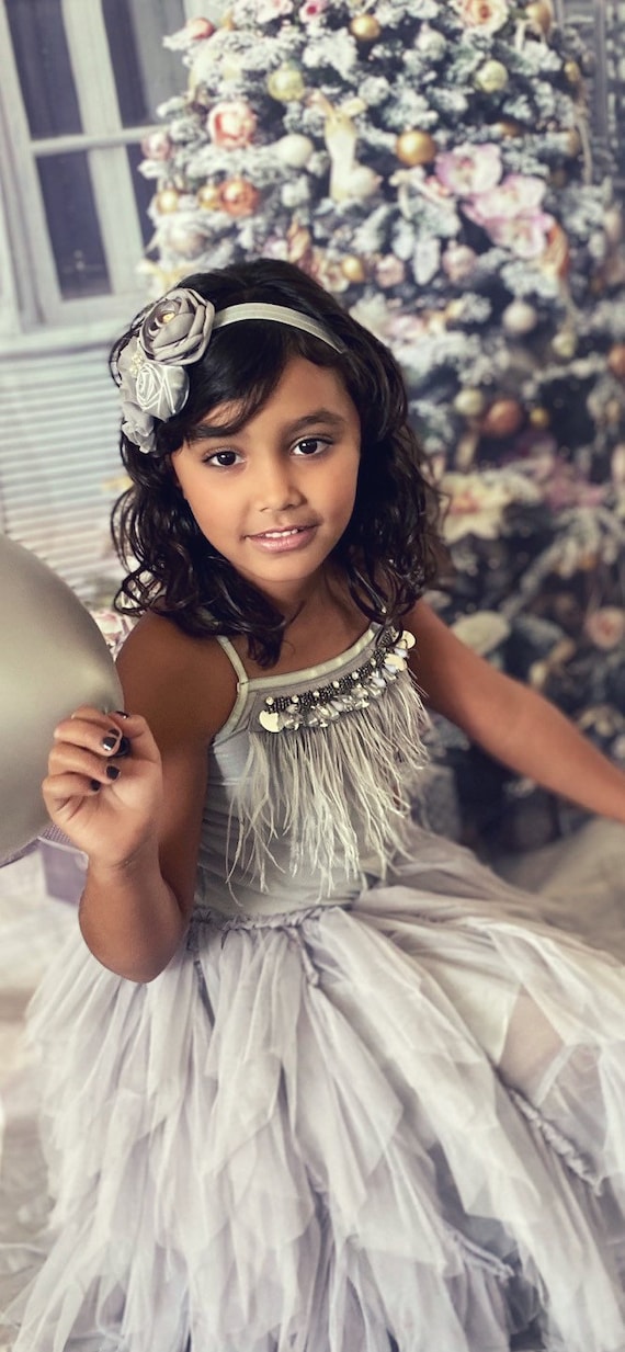 Gray Flower Girl Dress Feathers Top baby Toddler Dress tulle and Feathers Girl Wedding Dress Etsy