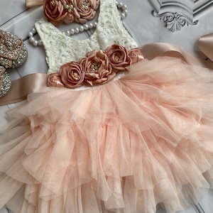 Blush flower girl dress,  Lace tulle dress , 1er Birthday dress,  toddler dress,tulle tutu flower girl dress,flower belt  sash