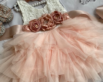 Blush Tulle Flower Girl Dress: Lace Birthday Party Dress
