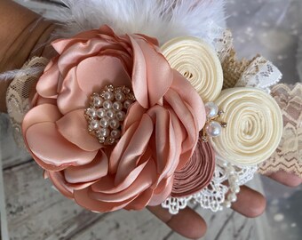 Couture headband ,Dusty satin rosette, lace headband , infants rhinestones headbands.