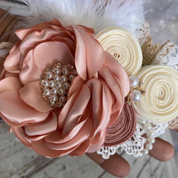 Couture headband ,Dusty satin rosette, lace headband , infants rhinestones headbands.