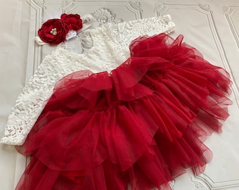 Red Tulle Flower Girl Dress: Lace Long Sleeves, Holiday Party