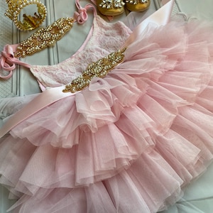 Pink Tulle Flower Girl Dress: Lace Top, Rose Gold Sash
