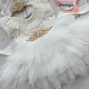 White Lace Tulle Flower Girl Dress: Rhinestone Sash Holiday Dress